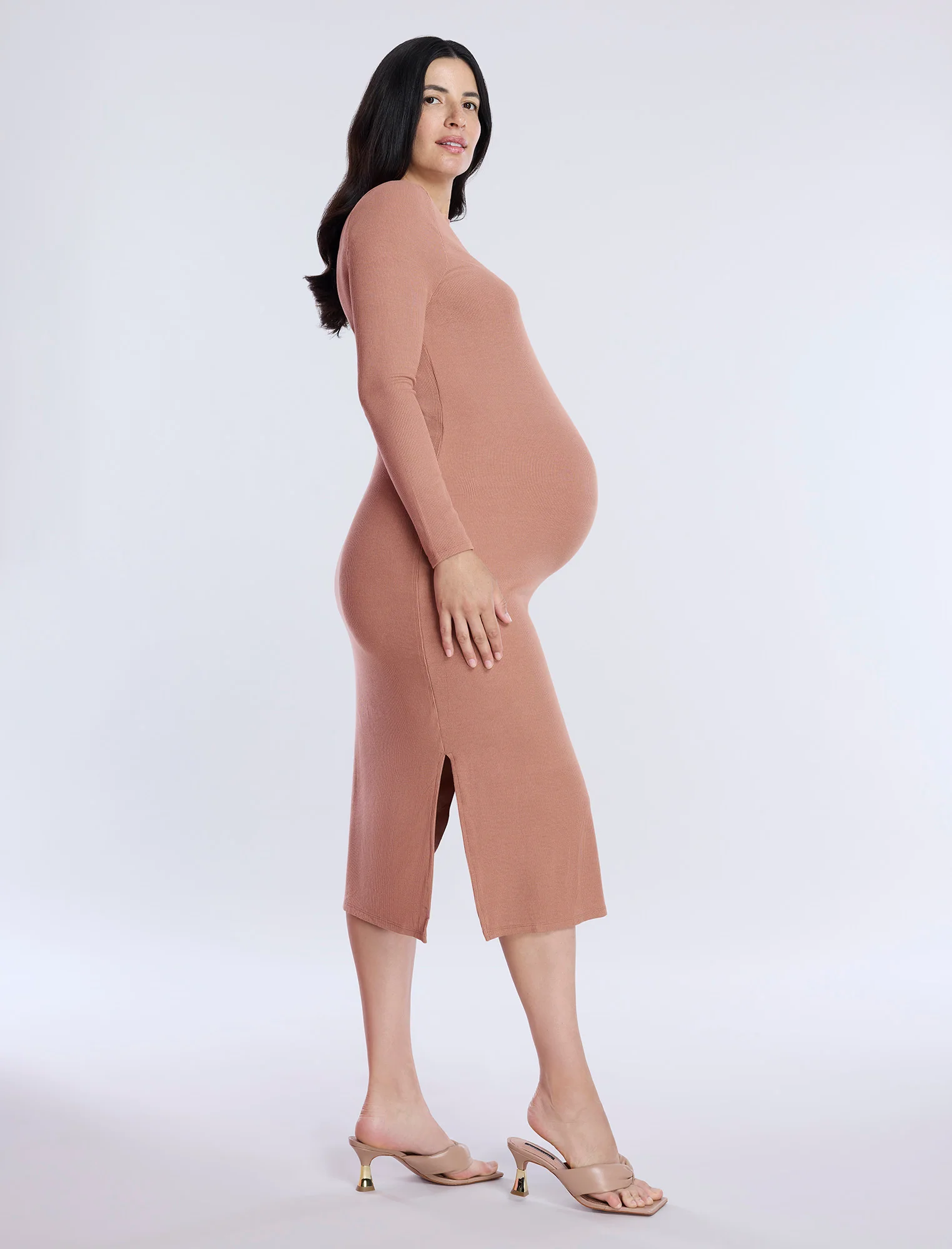 Long Sleeve Rib Knit Column Dress - Image 3