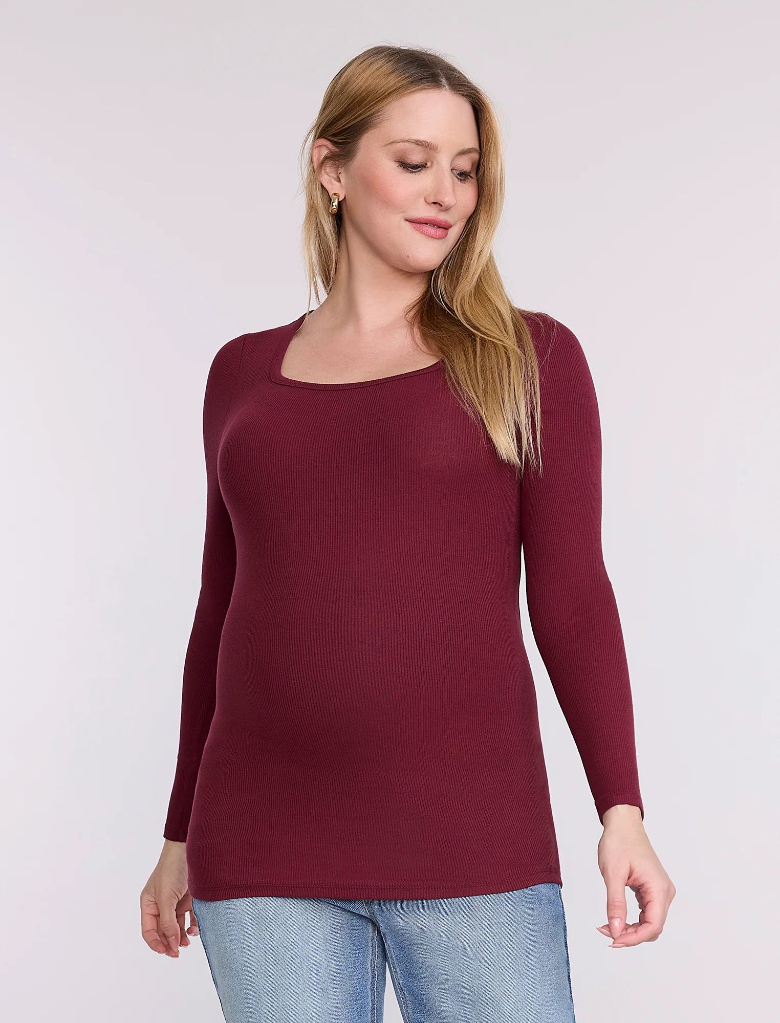 Long Sleeve Rib Knit Square Neck Tee