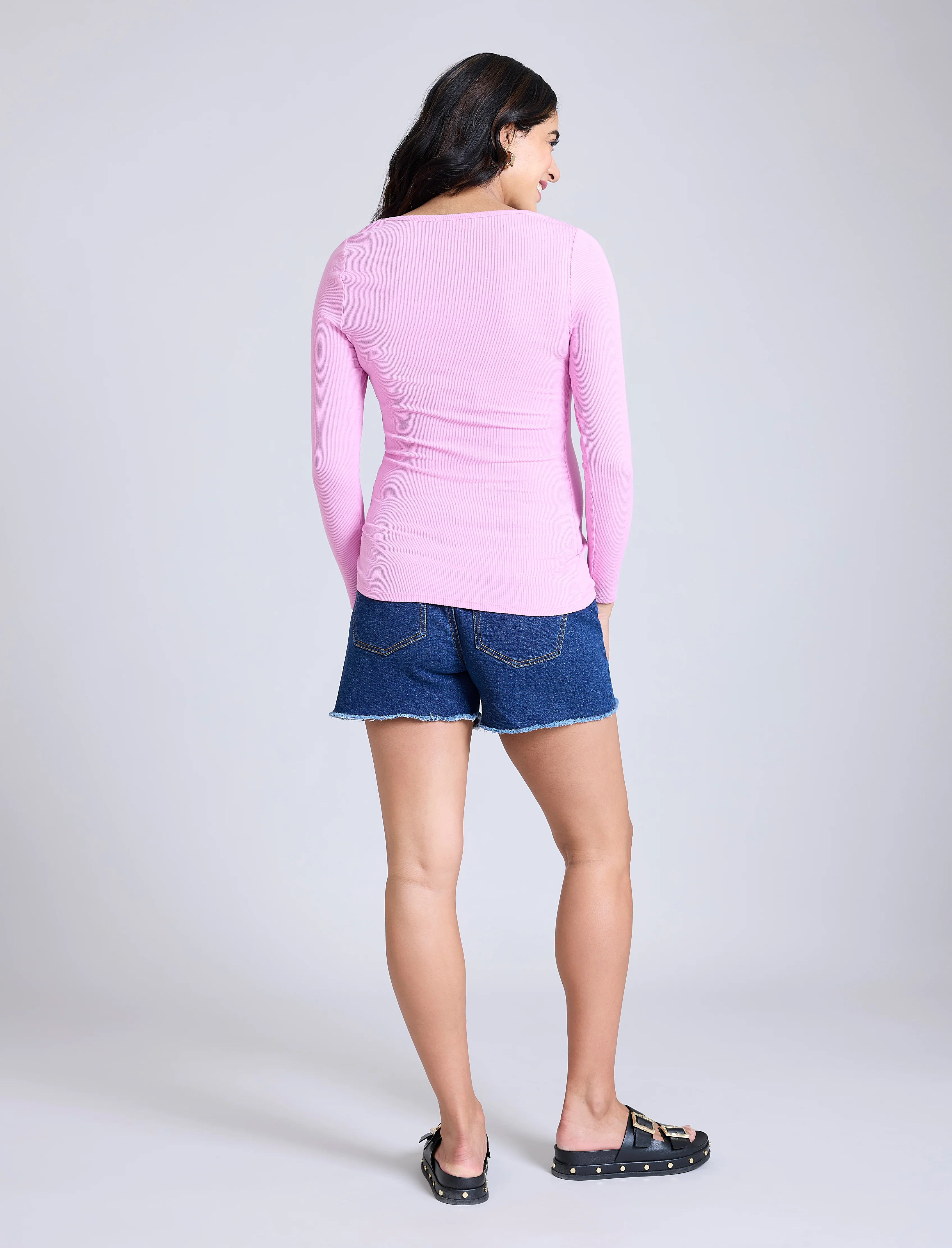 Long Sleeve Rib Knit Square Neck Tee - Image 2