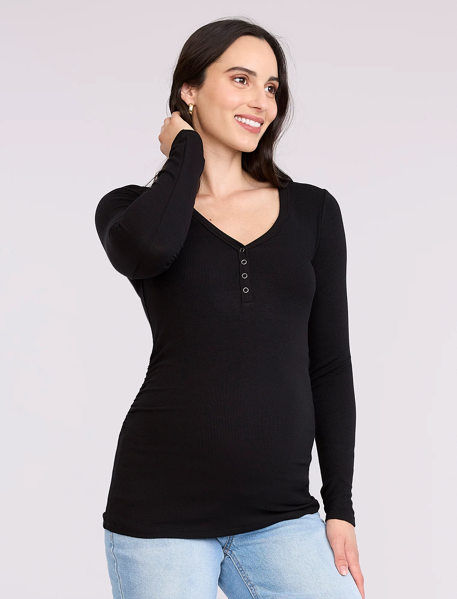 Side Ruched Long Sleeve Henley Maternity Rib Tee - Image 3