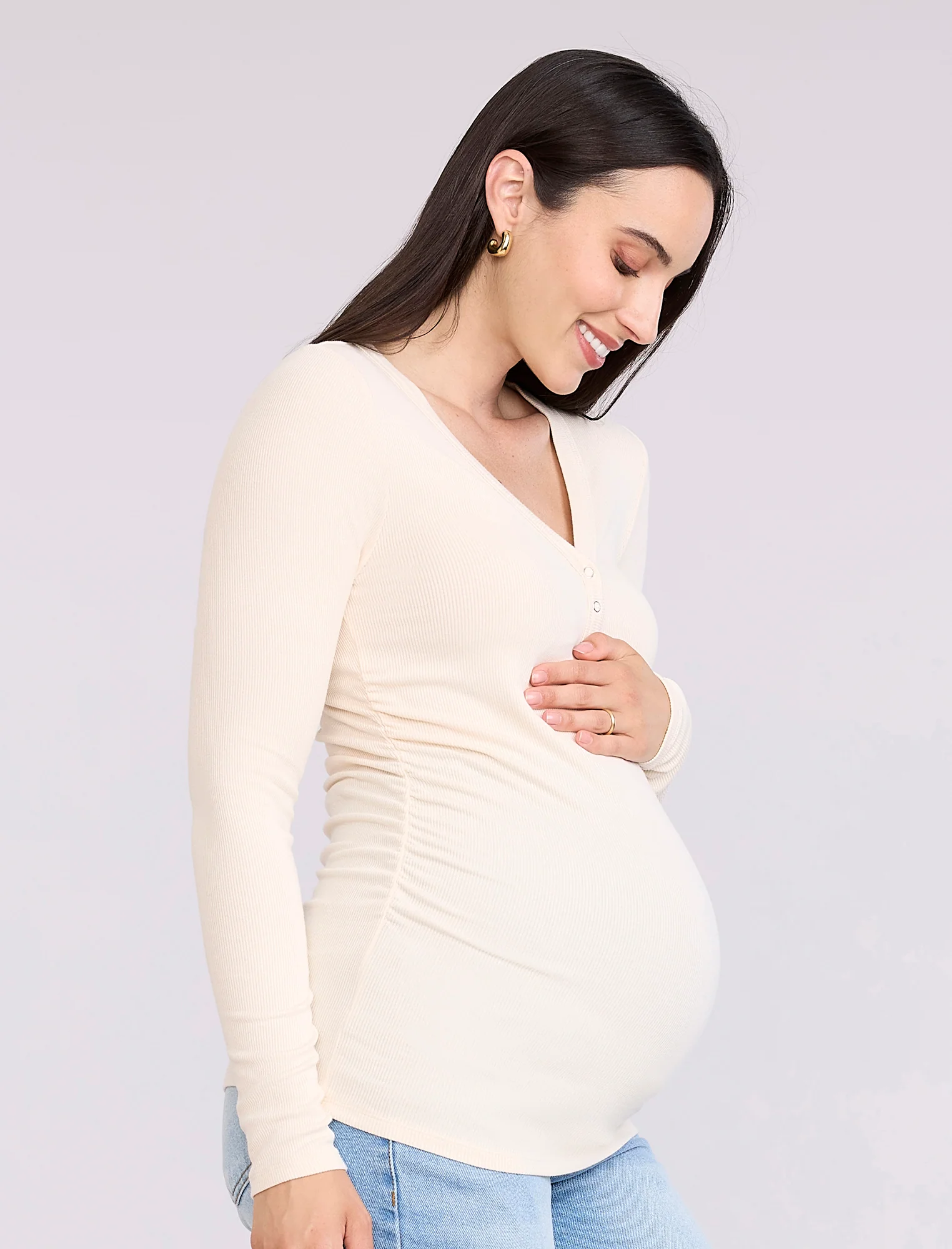 Side Ruched Long Sleeve Henley Maternity Rib Tee - Image 3