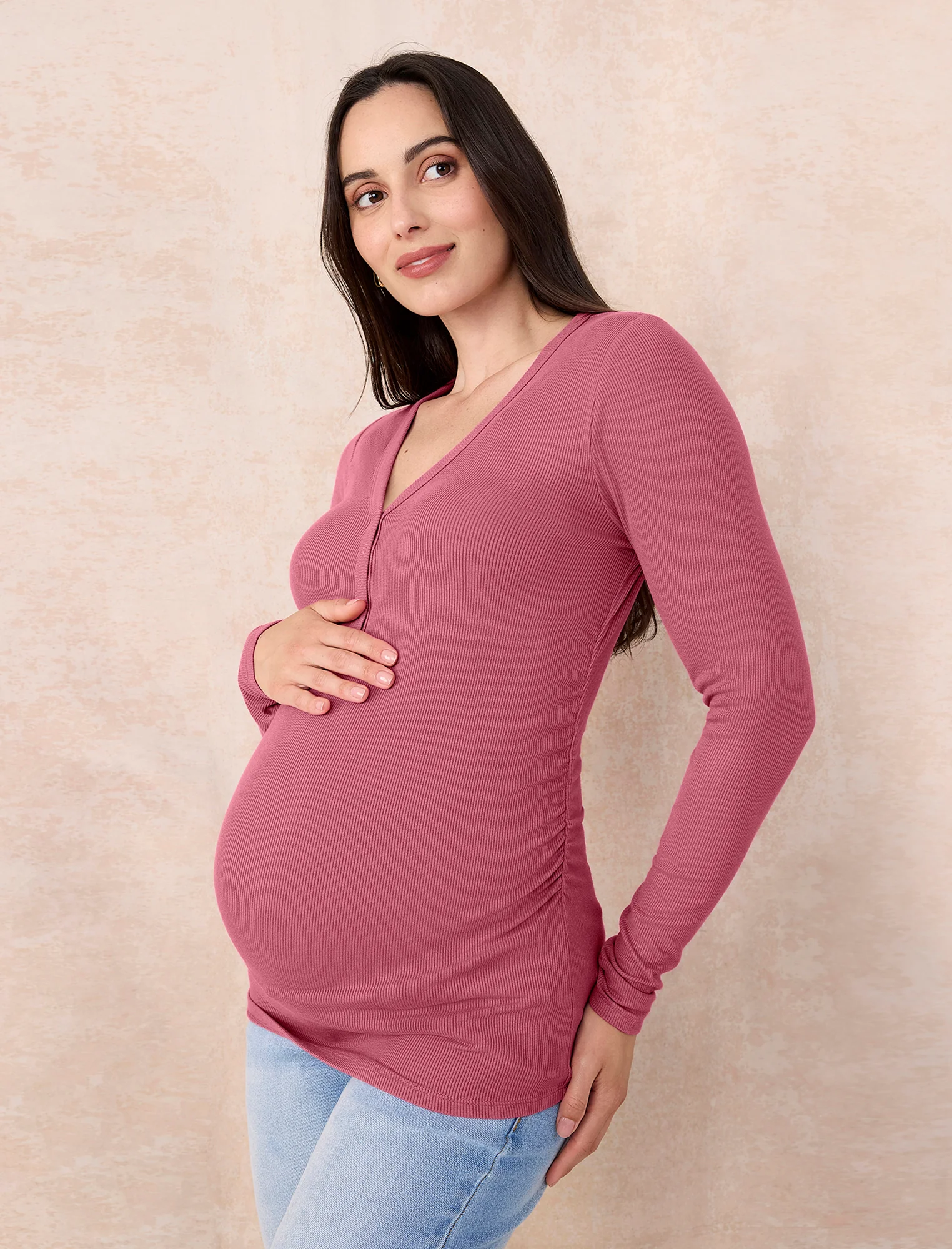Side Ruched Long Sleeve Henley Maternity Rib Tee - Image 7