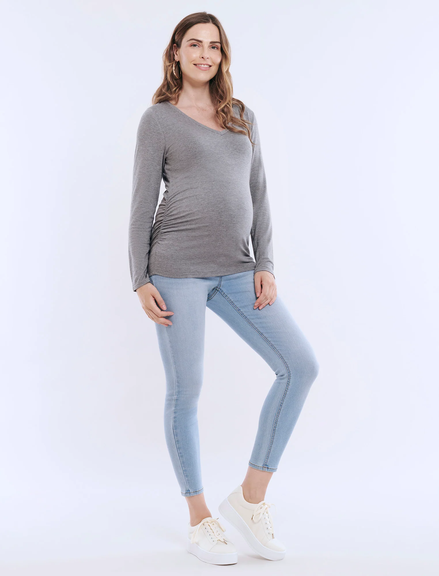 Side Ruched Long Sleeve V-Neck Maternity Tee - Image 3
