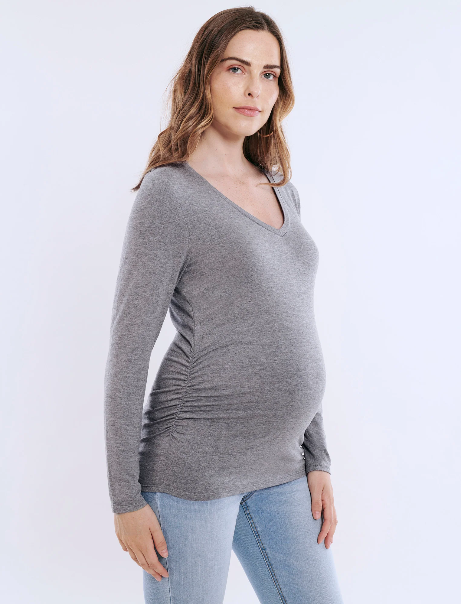 Side Ruched Long Sleeve V-Neck Maternity Tee - Image 4
