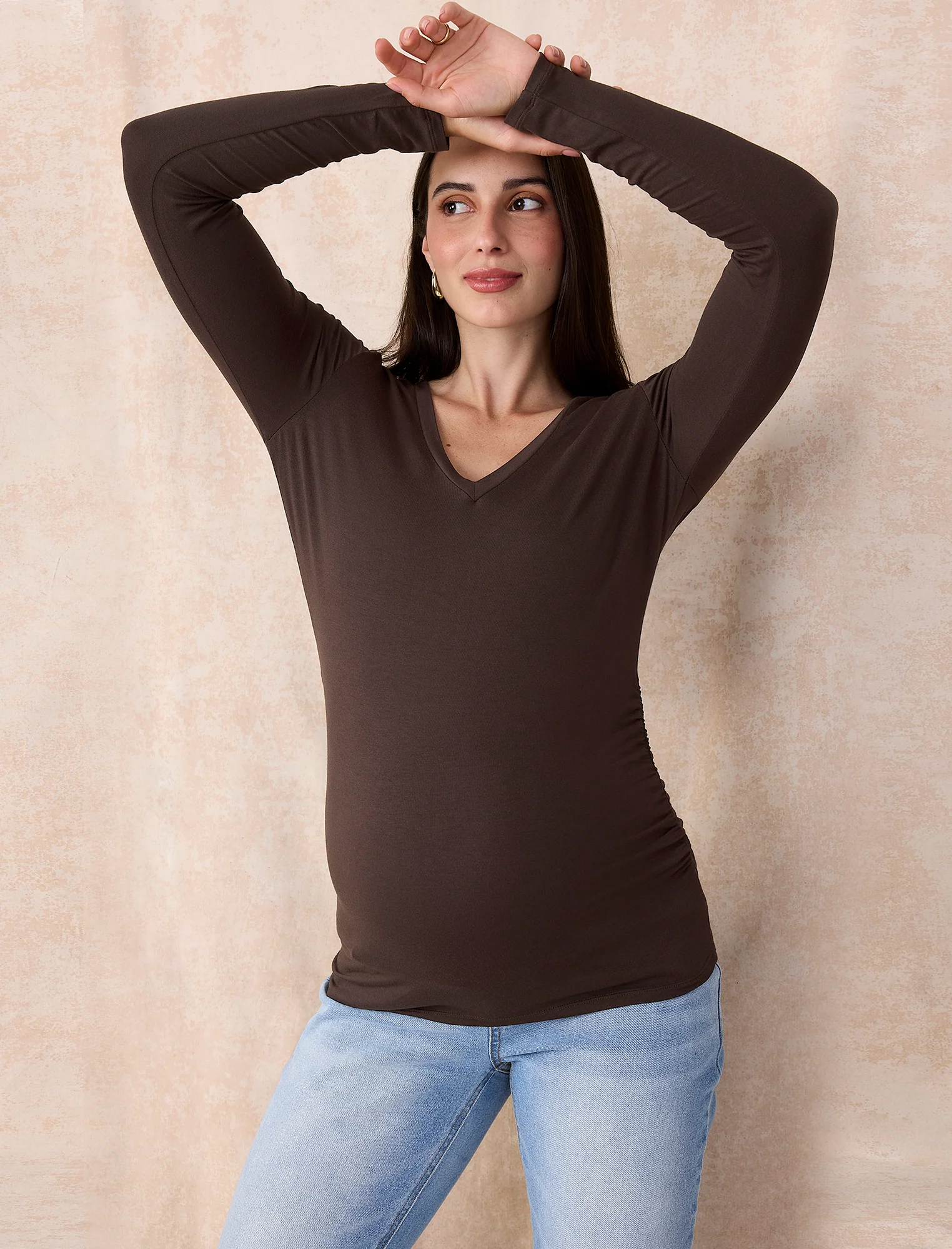 Side Ruched Long Sleeve V-Neck Maternity Tee - Image 7