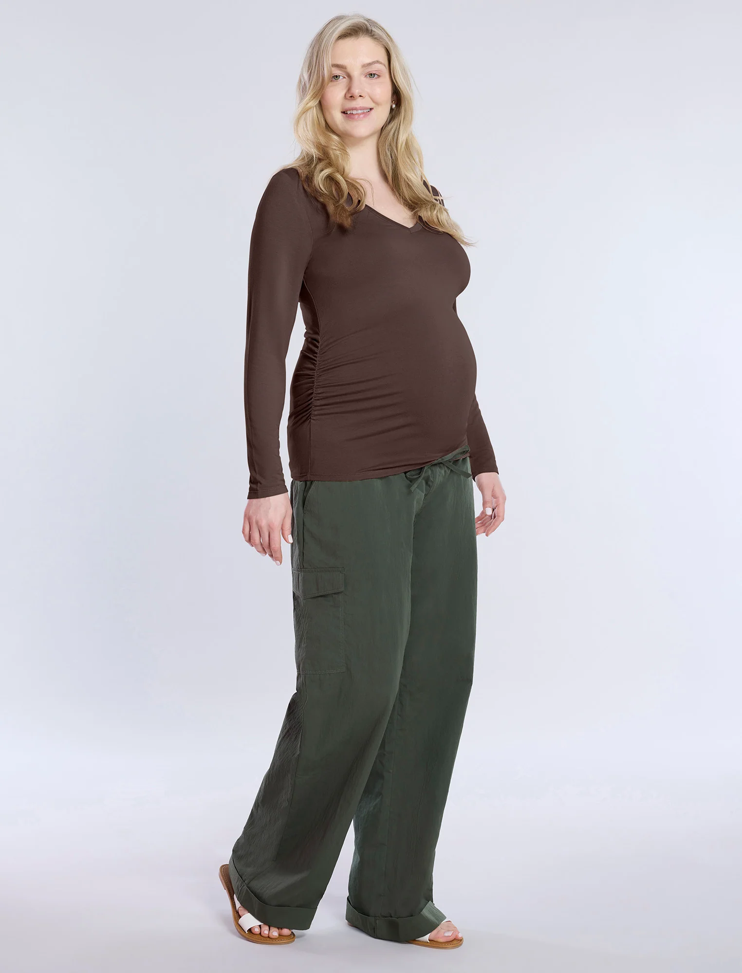 Side Ruched Long Sleeve V-Neck Maternity Tee - Image 3