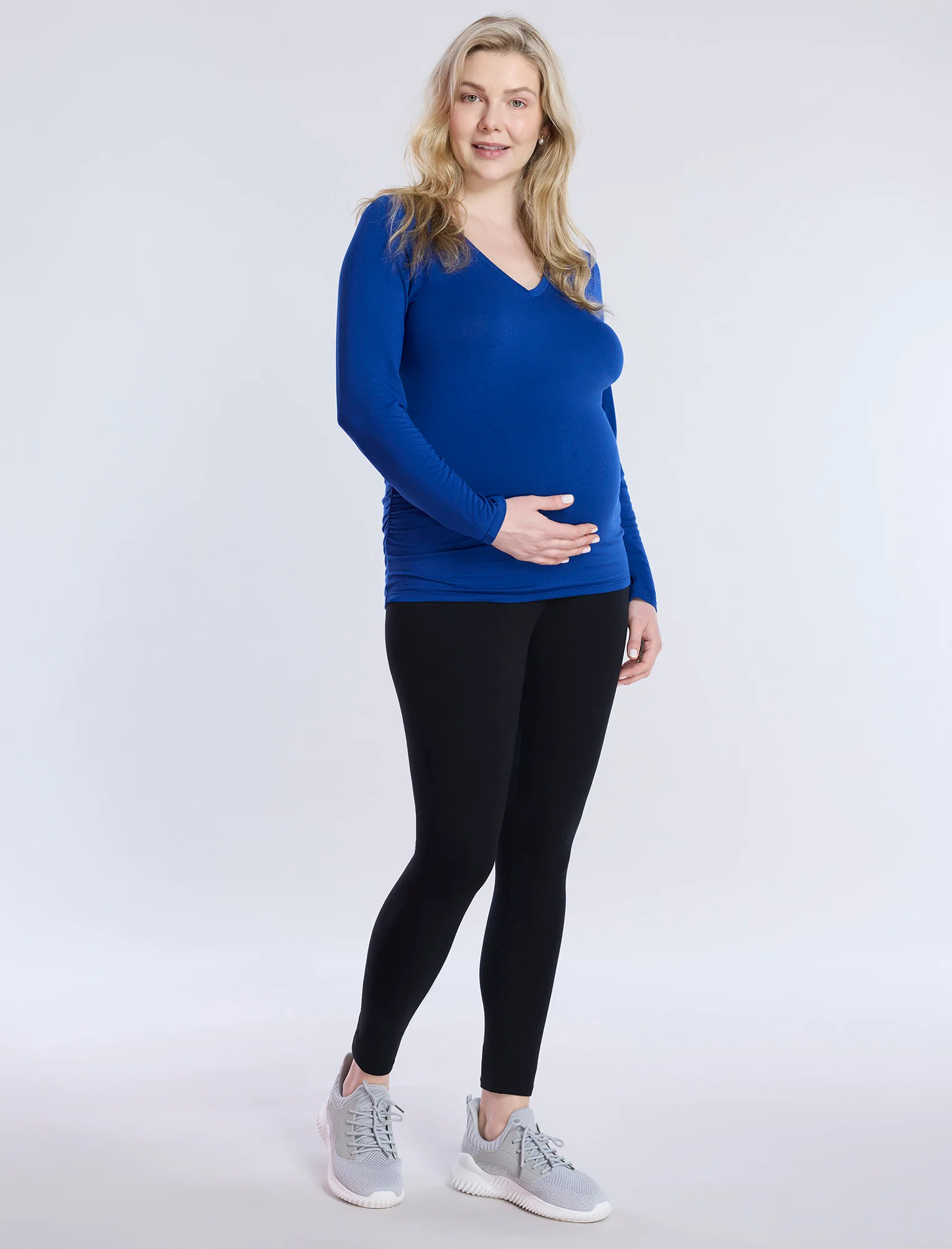 Side Ruched Long Sleeve V-Neck Maternity Tee - Image 3