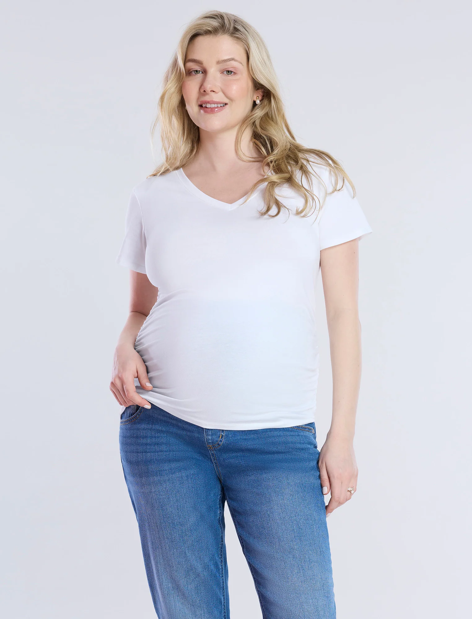 Side Ruched Short Sleeve V-Neck  Maternity Tee - Image 4