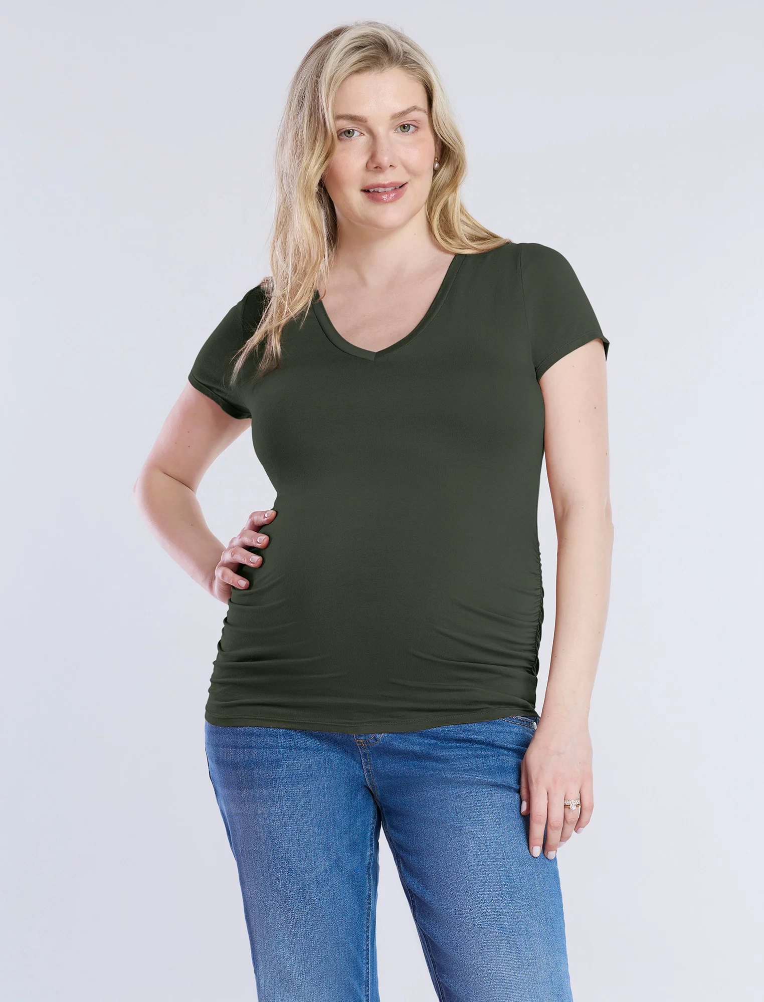 Side Ruched Short Sleeve V-Neck Maternity Tee - Image 4