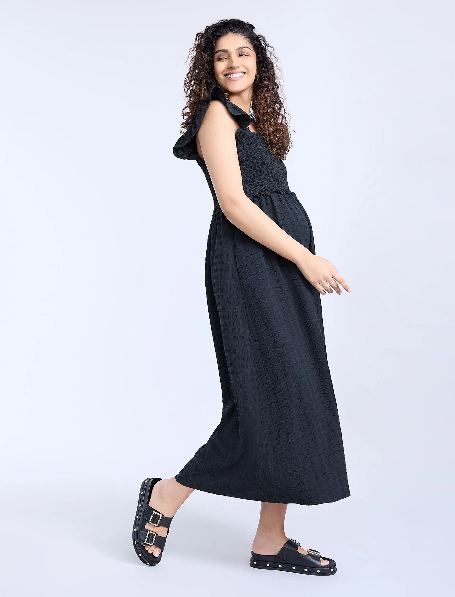 Sleeveless Ruffle Shoulder Smocked Dress - Image 3