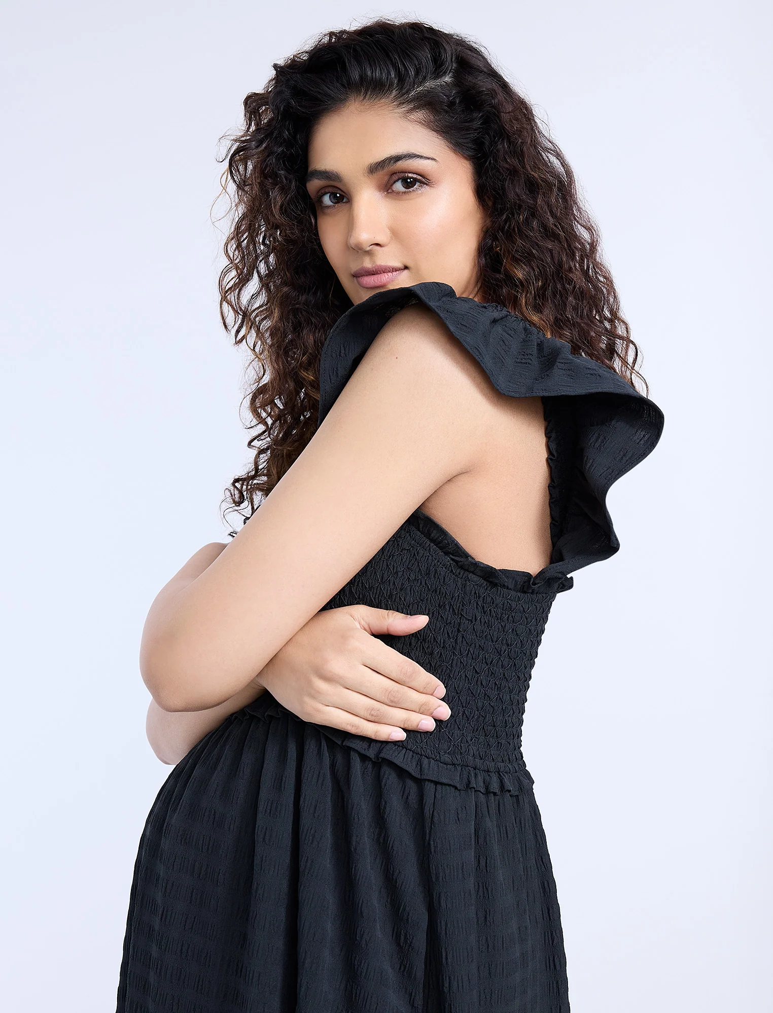 Sleeveless Ruffle Shoulder Smocked Dress - Image 4